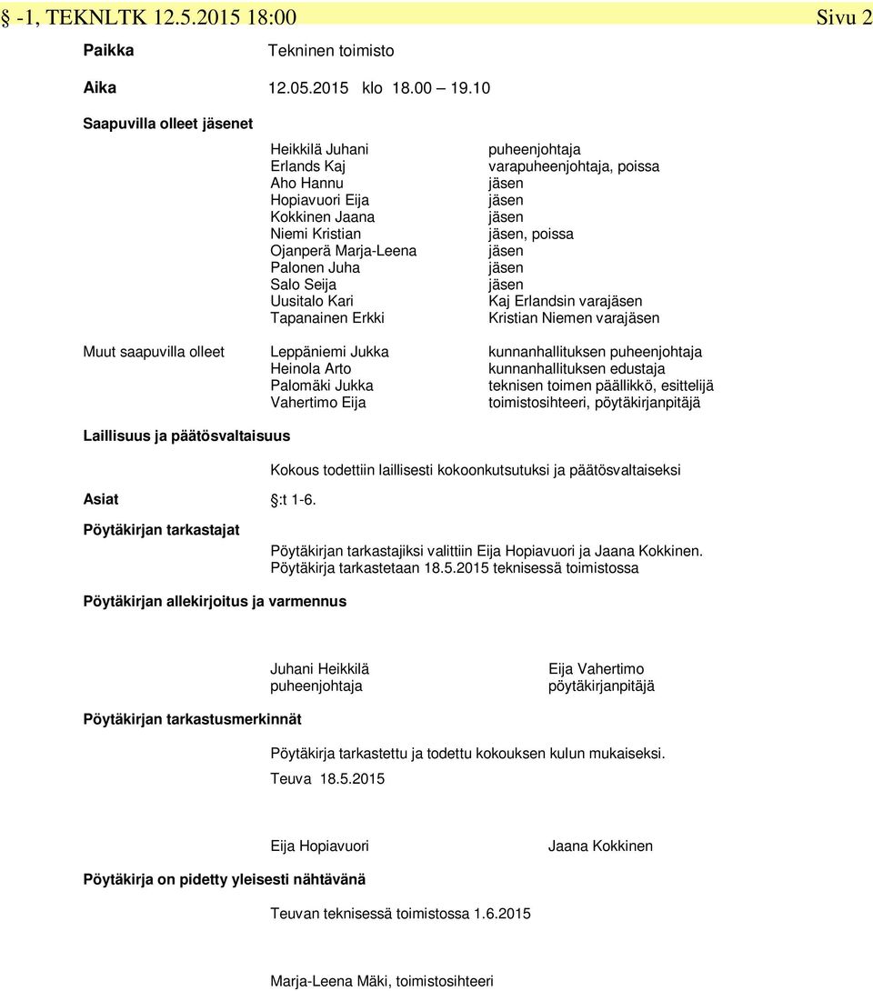 Tapanainen Erkki Leppäniemi Jukka Heinola Arto Palomäki Jukka Vahertimo Eija puheenjohtaja varapuheenjohtaja, poissa, poissa Kaj Erlandsin vara Kristian Niemen vara kunnanhallituksen puheenjohtaja