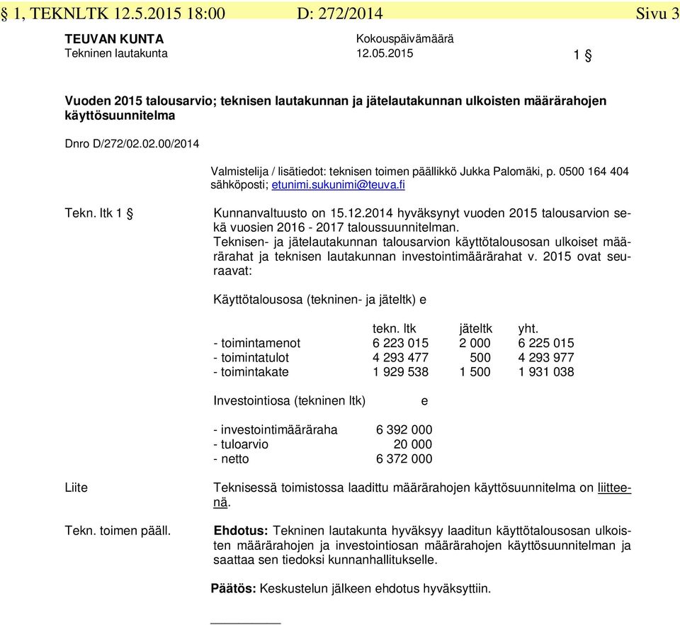 2014 hyväksynyt vuoden 2015 talousarvion sekä vuosien 2016-2017 taloussuunnitelman.