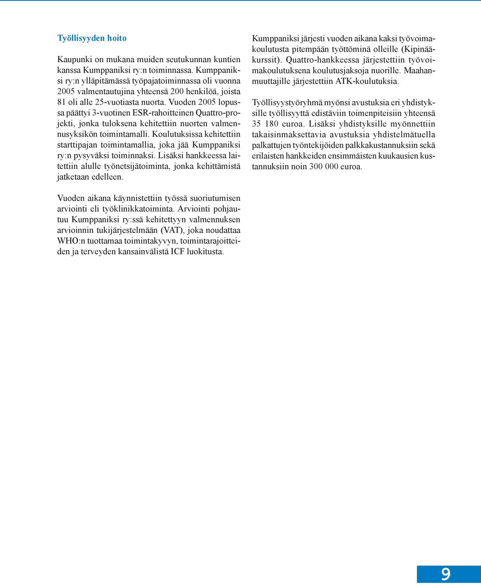 Vuoden 2005 lopussa päättyi 3-vuotinen ESR-rahoitteinen Quattro-projekti, jonka tuloksena kehitettiin nuorten valmennusyksikön toimintamalli.