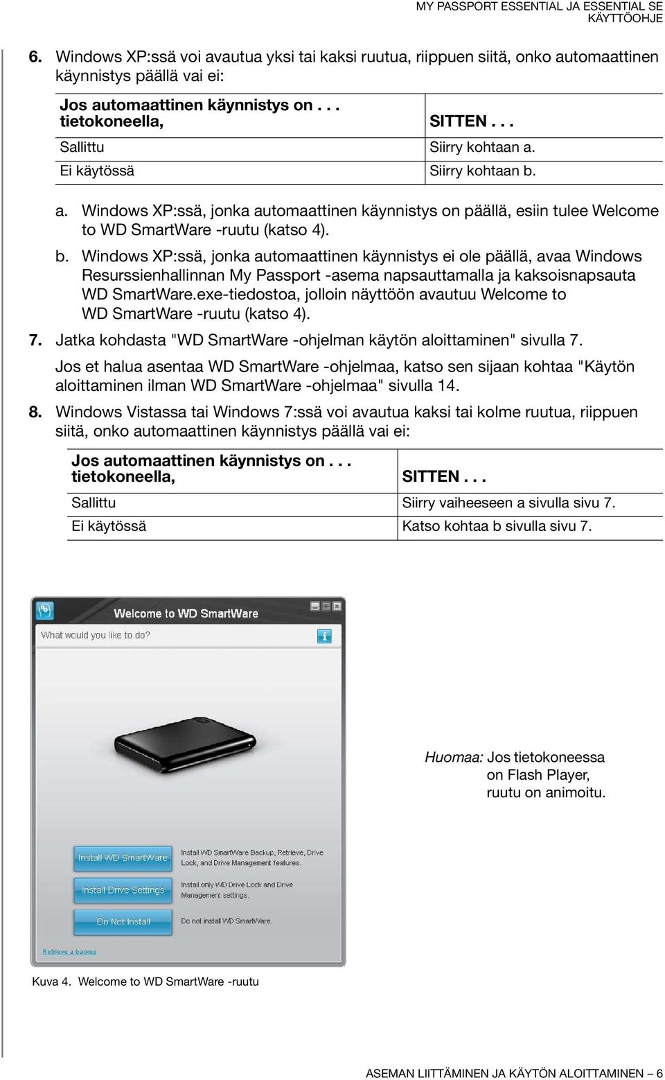 exe-tiedostoa, jolloin näyttöön avautuu Welcome to WD SmartWare -ruutu (katso 4). 7. Jatka kohdasta "WD SmartWare -ohjelman käytön aloittaminen" sivulla 7.