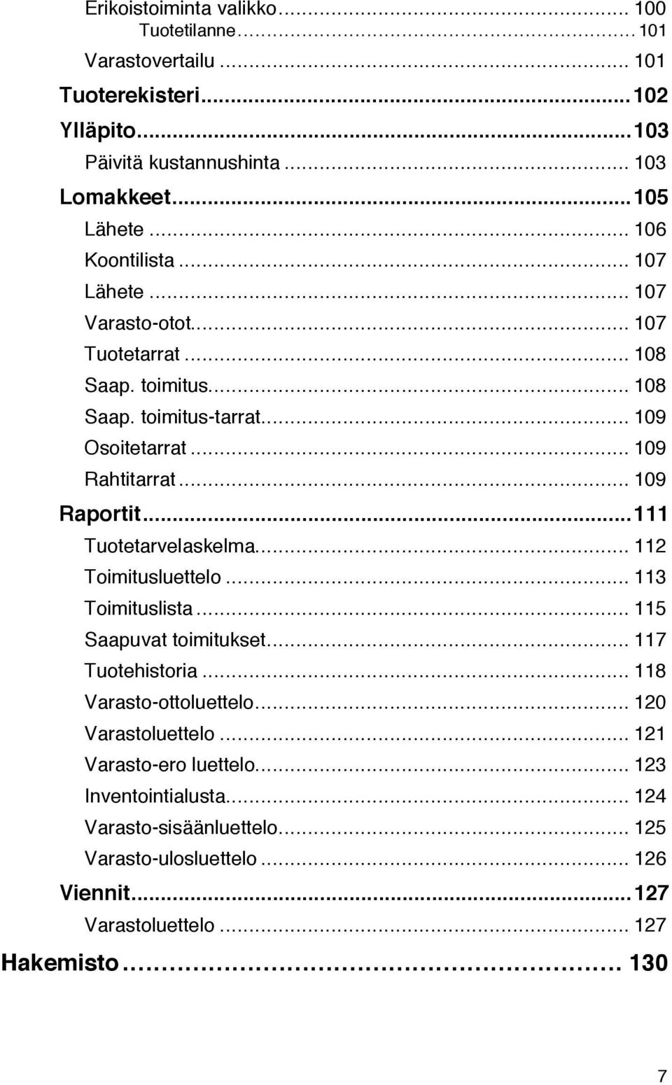 .. 109 Raportit...111 Tuotetarvelaskelma... 112 Toimitusluettelo... 113 Toimituslista... 115 Saapuvat toimitukset... 117 Tuotehistoria... 118 Varasto-ottoluettelo.