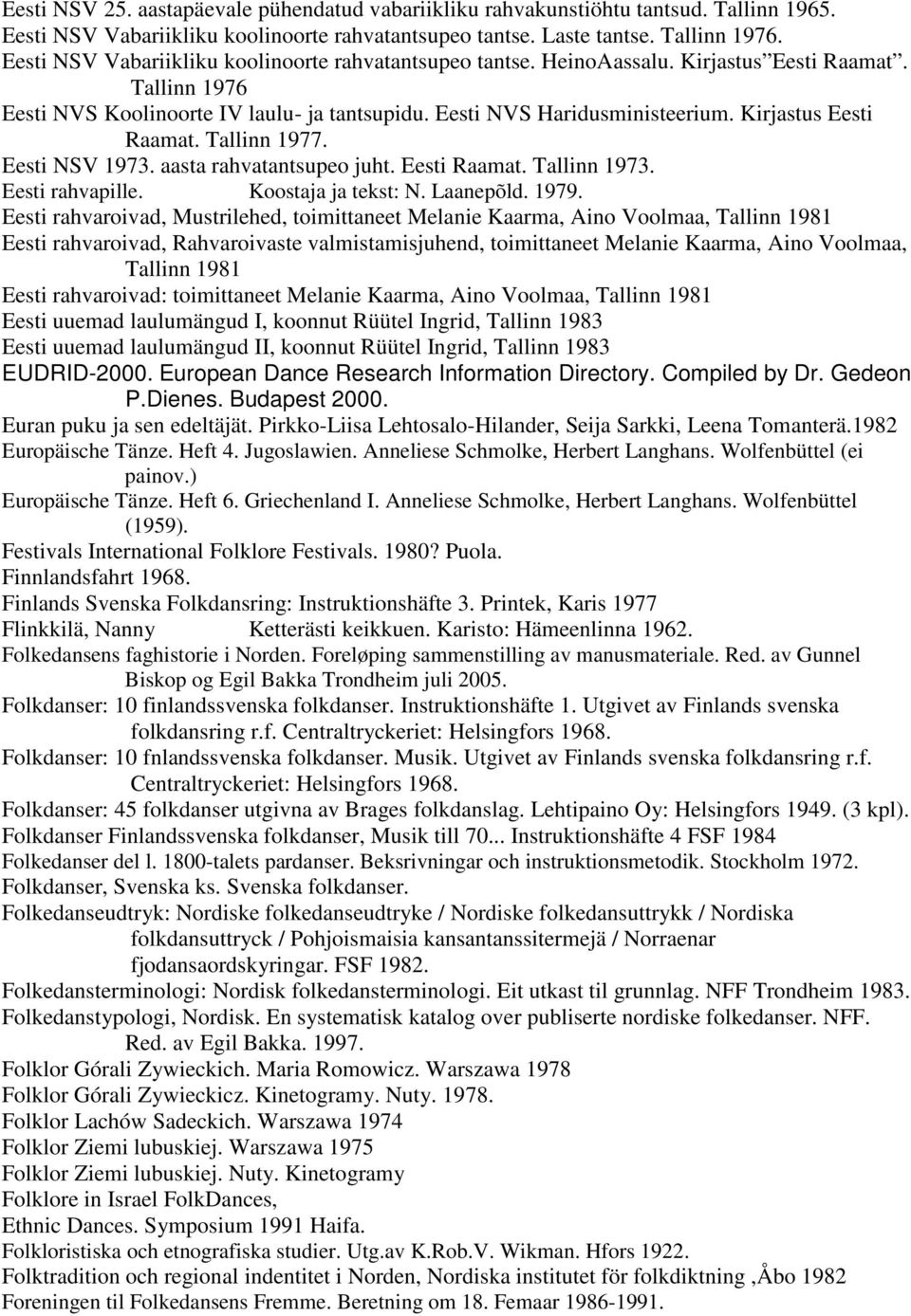 Kirjastus Eesti Raamat. Tallinn 1977. Eesti NSV 1973. aasta rahvatantsupeo juht. Eesti Raamat. Tallinn 1973. Eesti rahvapille. Koostaja ja tekst: N. Laanepõld. 1979.