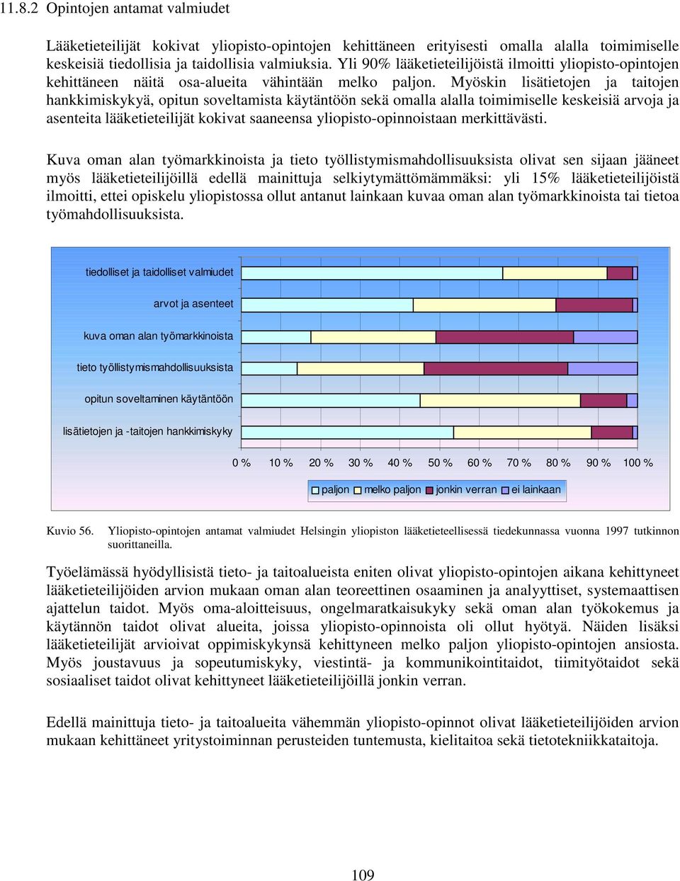 Myöskin lisätietojen ja taitojen hankkimiskykyä, opitun soveltamista käytäntöön sekä omalla alalla toimimiselle keskeisiä arvoja ja asenteita lääketieteilijät kokivat saaneensa yliopisto-opinnoistaan