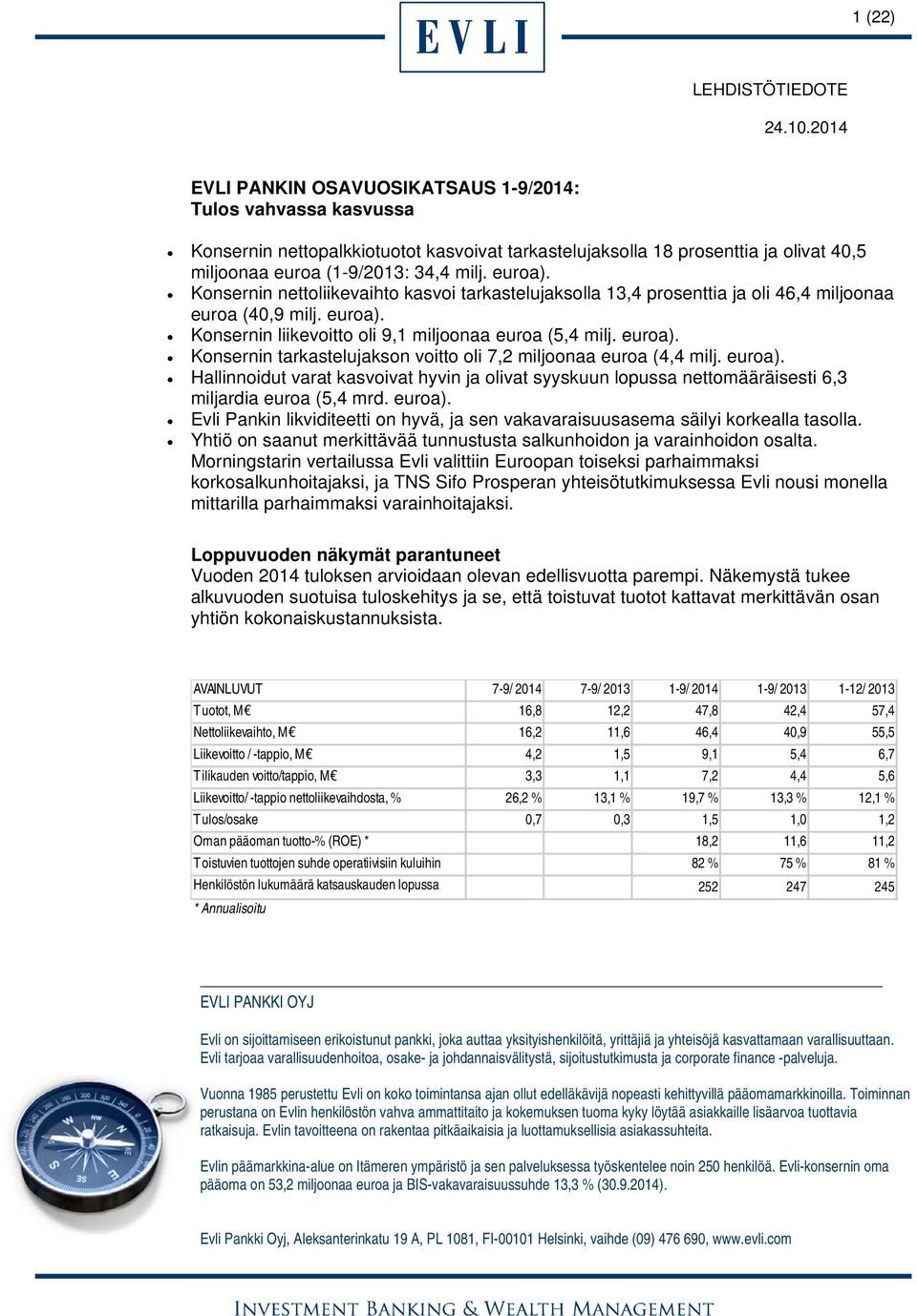 euroa). Hallinnoidut varat kasvoivat hyvin ja olivat syyskuun lopussa nettomääräisesti 6,3 miljardia euroa (5,4 mrd. euroa).