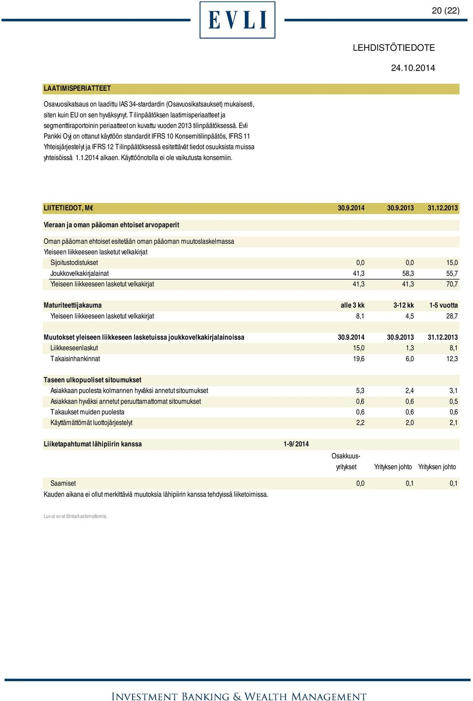 Evli Pankki Oyj on ottanut käyttöön standardit IFRS 10 Konsernitilinpäätös, IFRS 11 Yhteisjärjestelyt ja IFRS 12 Tilinpäätöksessä esitettävät tiedot osuuksista muissa yhteisöissä 1.1.2014 alkaen.