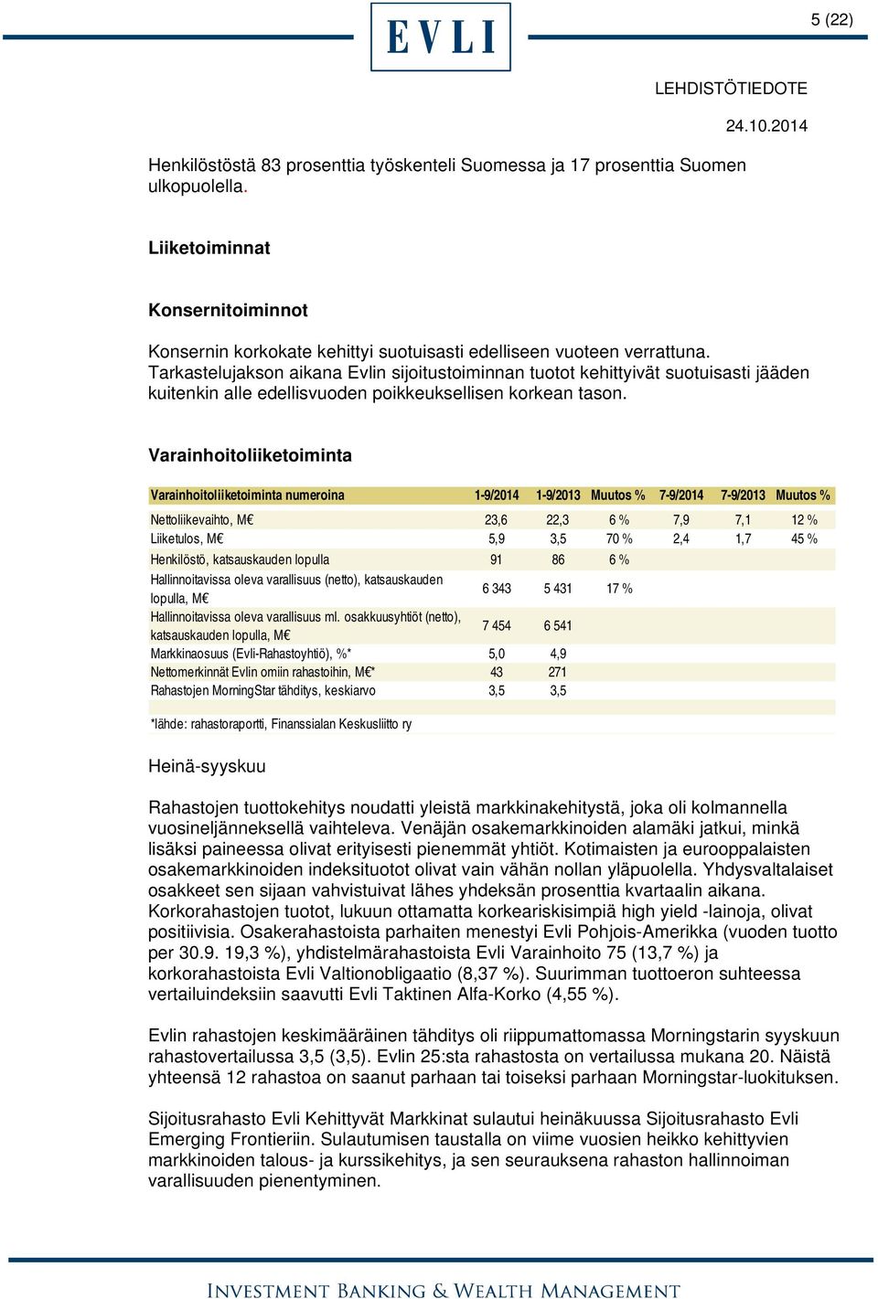 Varainhoitoliiketoiminta Varainhoitoliiketoiminta numeroina 1-9/2014 1-9/2013 Muutos % 7-9/2014 7-9/2013 Muutos % Nettoliikevaihto, M 23,6 22,3 6 % 7,9 7,1 12 % Liiketulos, M 5,9 3,5 70 % 2,4 1,7 45