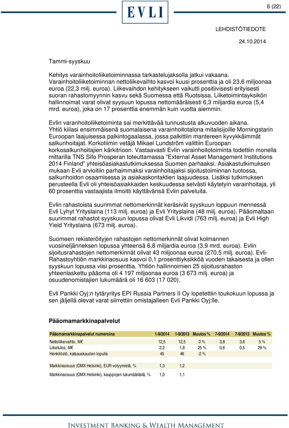 Liiketoimintayksikön hallinnoimat varat olivat syysuun lopussa nettomääräisesti 6,3 miljardia euroa (5,4 mrd. euroa), joka on 17 prosenttia enemmän kuin vuotta aiemmin.