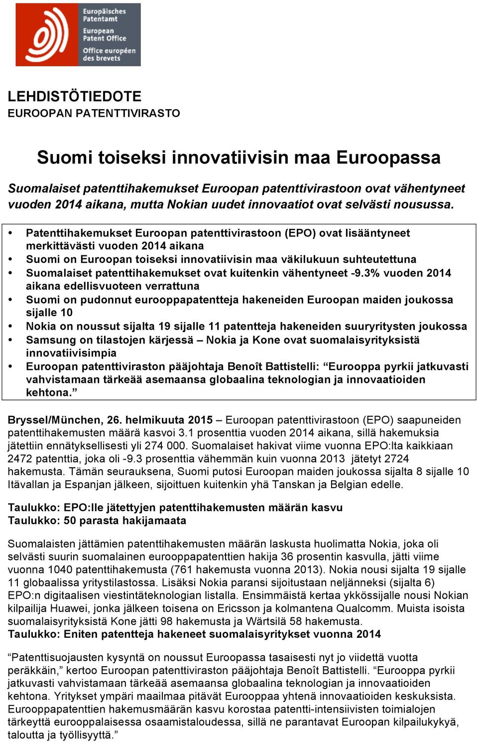 Patenttihakemukset Euroopan patenttivirastoon (EPO) ovat lisääntyneet merkittävästi vuoden 2014 aikana Suomi on Euroopan toiseksi innovatiivisin maa väkilukuun suhteutettuna Suomalaiset