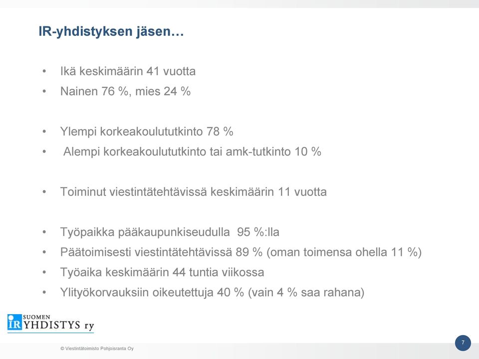 pääkaupunkiseudulla 95 %:lla Päätoimisesti viestintätehtävissä 89 % (oman toimensa ohella 11 %) Työaika