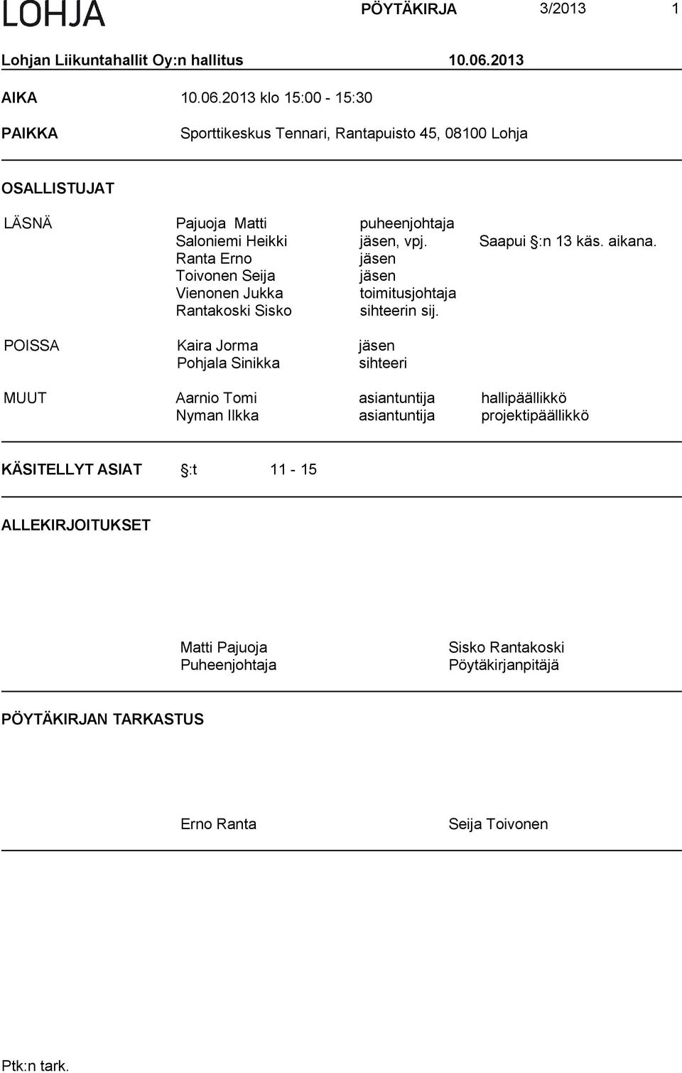 2013 klo 15:00-15:30 PAIKKA Sporttikeskus Tennari, Rantapuisto 45, 08100 Lohja OSALLISTUJAT LÄSNÄ Pajuoja Matti puheenjohtaja Saloniemi Heikki jäsen, vpj.