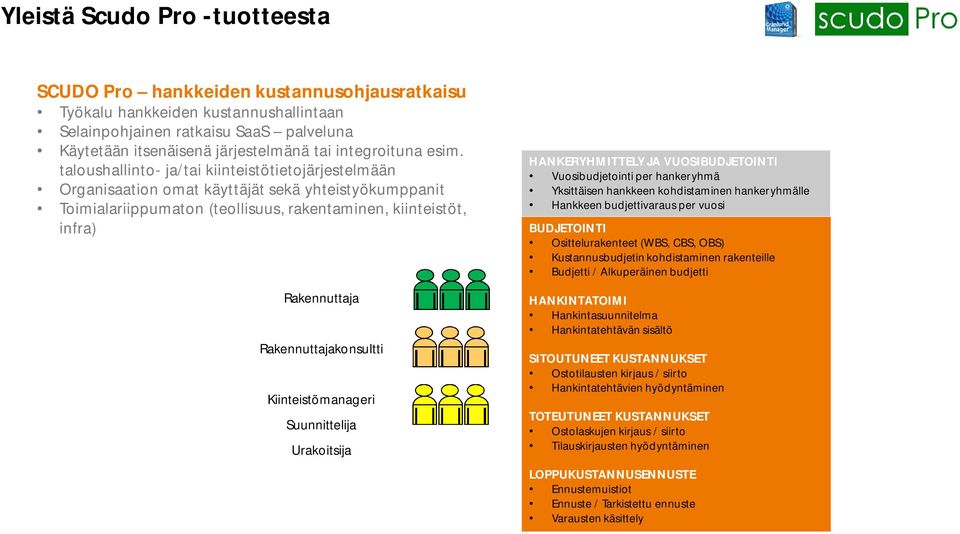 taloushallinto- ja/tai kiinteistötietojärjestelmään Organisaation omat käyttäjät sekä yhteistyökumppanit Toimialariippumaton (teollisuus, rakentaminen, kiinteistöt, infra) Rakennuttaja