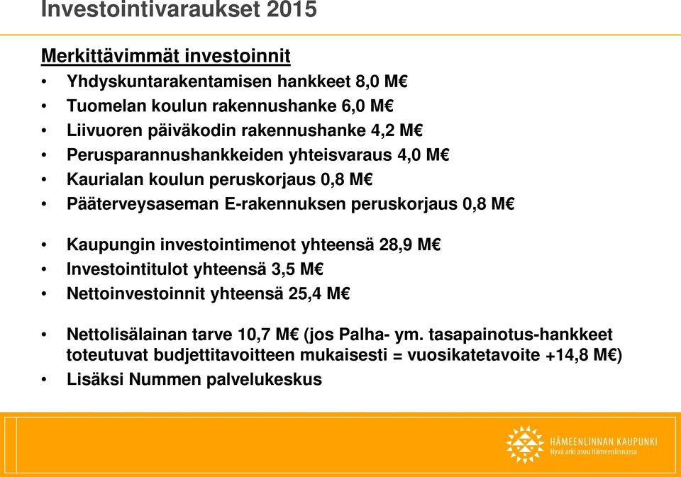 peruskorjaus 0,8 M Kaupungin investointimenot yhteensä 28,9 M Investointitulot yhteensä 3,5 M Nettoinvestoinnit yhteensä 25,4 M