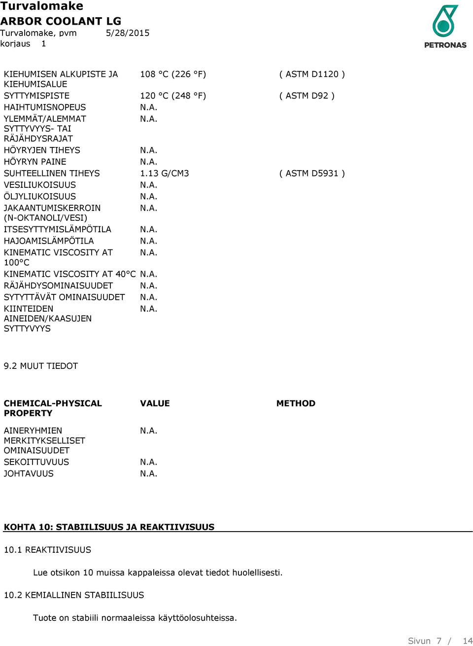 13 G/CM3 ( ASTM D5931 ) VESILIUKOISUUS ÖLJYLIUKOISUUS JAKAANTUMISKERROIN (N-OKTANOLI/VESI) ITSESYTTYMISLÄMPÖTILA HAJOAMISLÄMPÖTILA KINEMATIC VISCOSITY AT 100 C KINEMATIC VISCOSITY AT 40 C