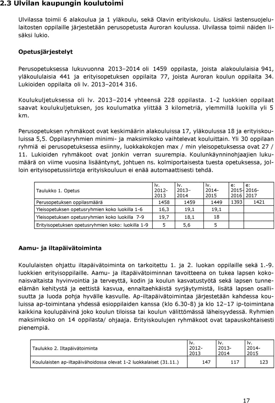 Opetusjärjestelyt Perusopetuksessa lukuvuonna 2013 2014 oli 1459 oppilasta, joista alakoululaisia 941, yläkoululaisia 441 ja erityisopetuksen oppilaita 77, joista Auroran koulun oppilaita 34.