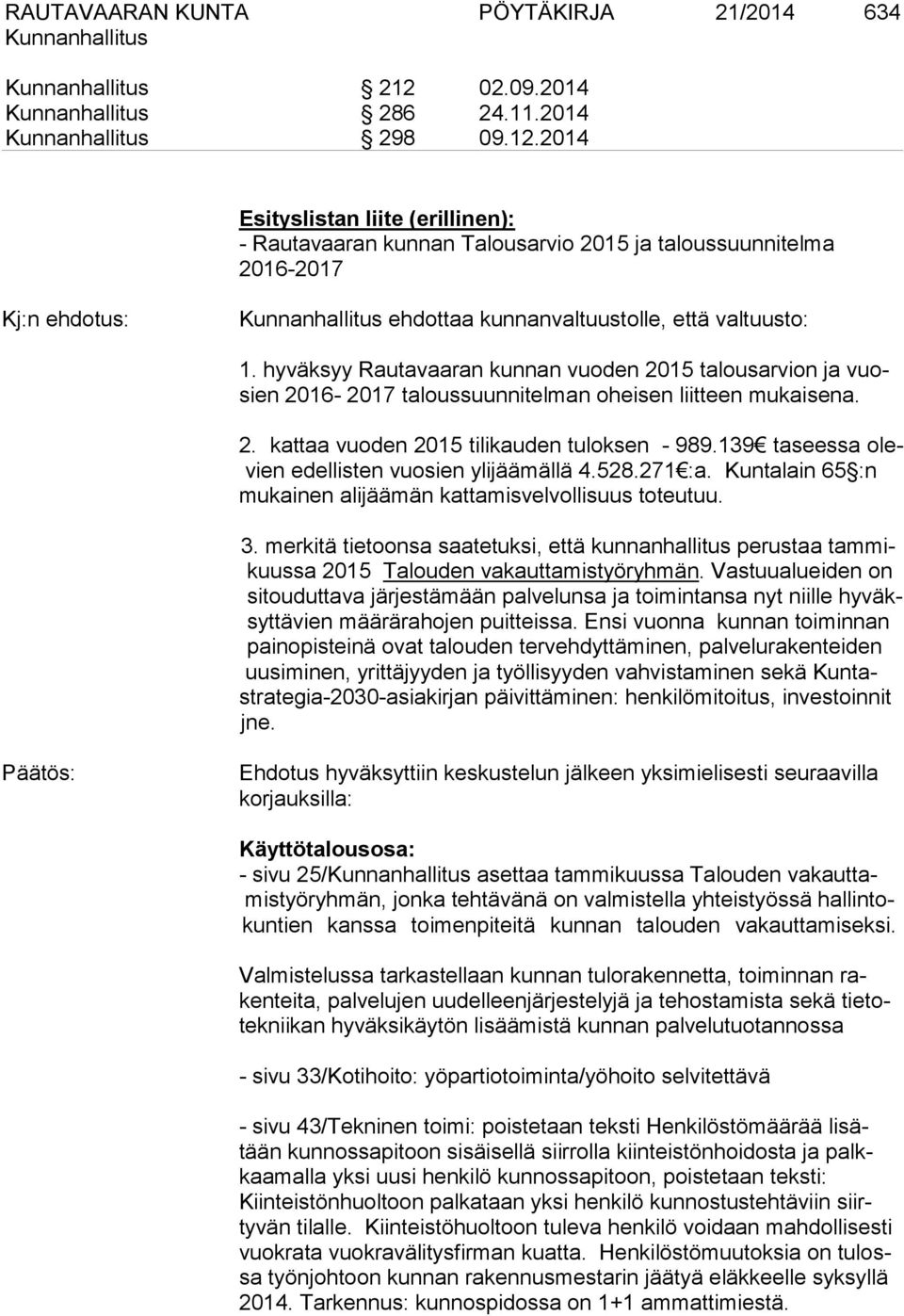 139 taseessa olevien edellisten vuosien ylijäämällä 4.528.271 :a. Kuntalain 65 :n mukainen alijäämän kattamisvelvollisuus toteutuu. 3.