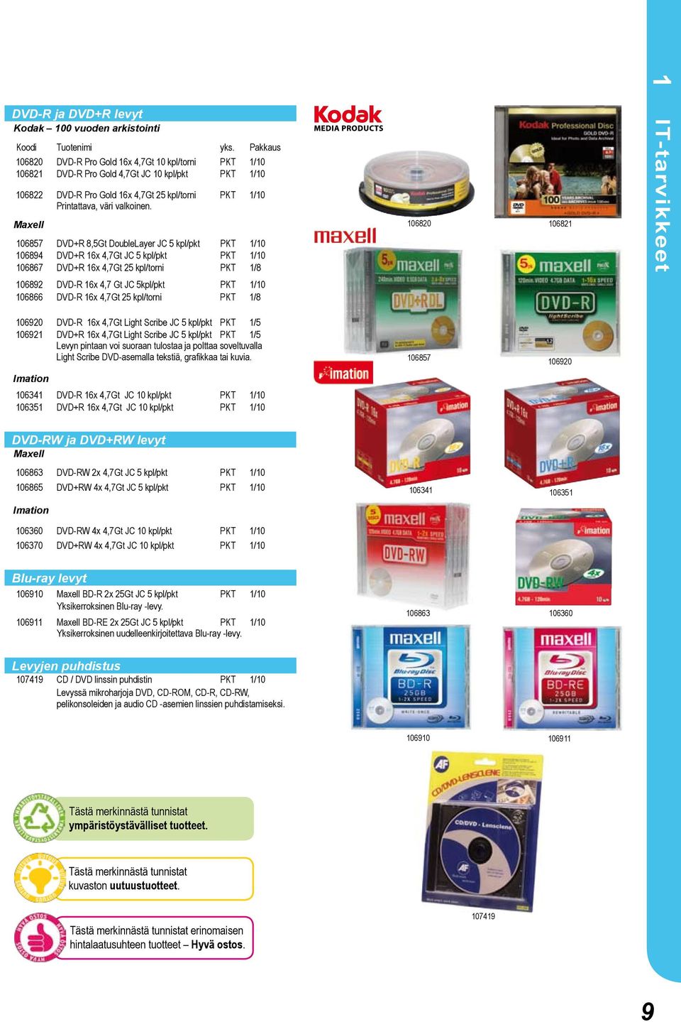 Maxell 106857 DVD+R 8,5Gt DoubleLayer JC 5 kpl/pkt PKT 1/10 106894 DVD+R 16x 4,7Gt JC 5 kpl/pkt PKT 1/10 106867 DVD+R 16x 4,7Gt 25 kpl/torni PKT 1/8 106892 DVD-R 16x 4,7 Gt JC 5kpl/pkt PKT 1/10