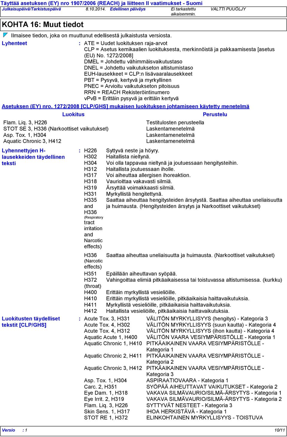 1272/2008] DMEL = Johdettu vähimmäisvaikutustaso DNEL = Johdettu vaikutukseton altistumistaso EUH-lausekkeet = CLPn lisävaaralausekkeet PBT = Pysyvä, kertyvä ja myrkyllinen PNEC = Arvioitu