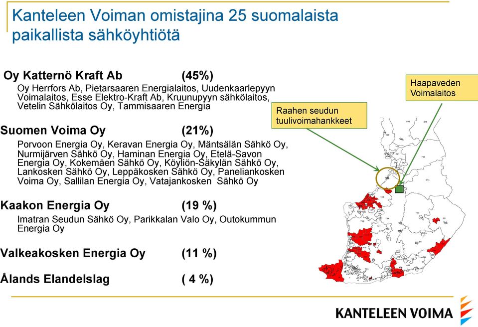 Etelä-Savon Energia Oy, Kokemäen Sähkö Oy, Köyliön-Säkylän Sähkö Oy, Lankosken Sähkö Oy, Leppäkosken Sähkö Oy, Paneliankosken Voima Oy, Sallilan Energia Oy, Vatajankosken Sähkö Oy Raahen seudun