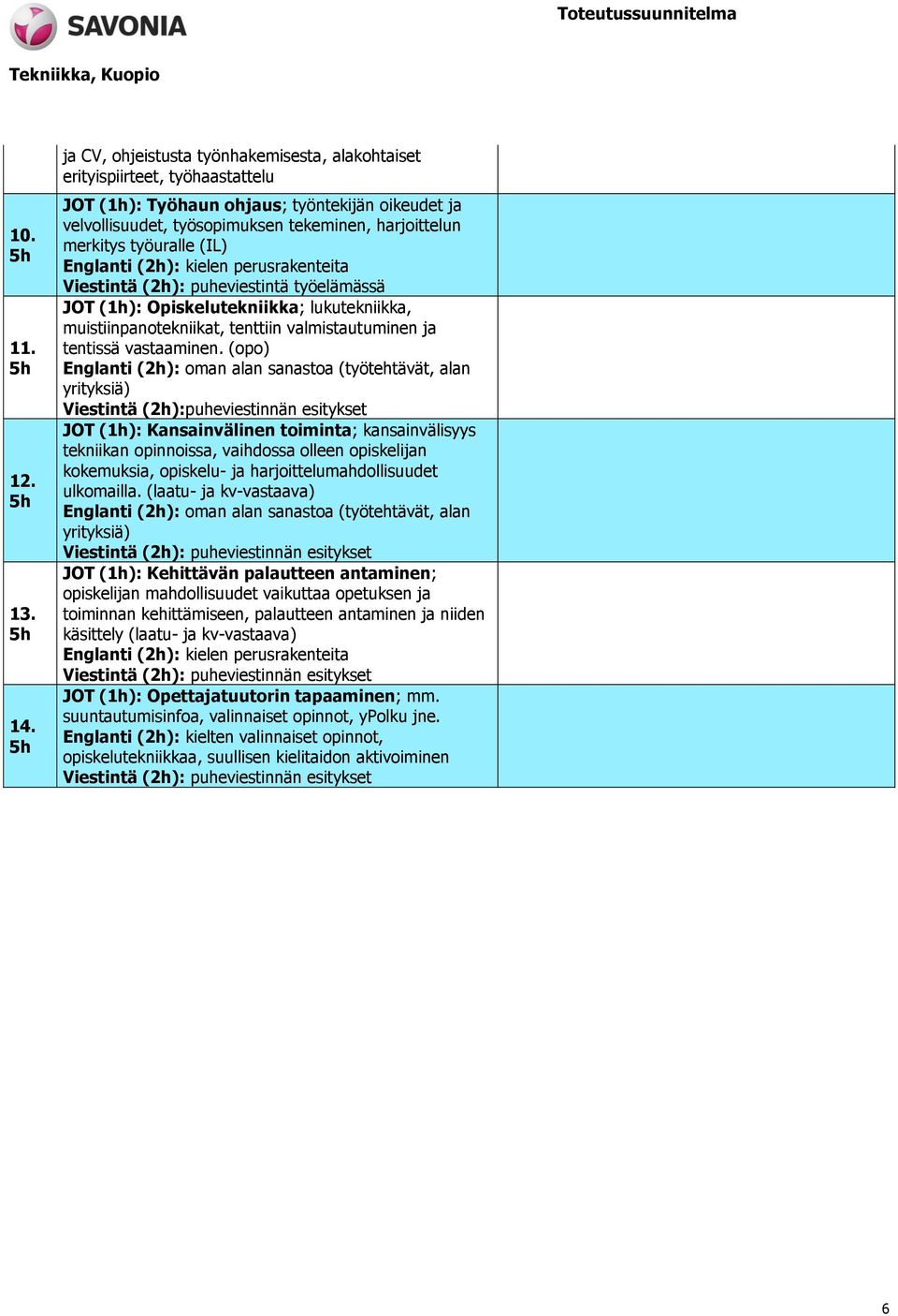 työuralle (IL) Englanti (2h): kielen perusrakenteita Viestintä (2h): puheviestintä työelämässä JOT (1h): Opiskelutekniikka; lukutekniikka, muistiinpanotekniikat, tenttiin valmistautuminen ja tentissä