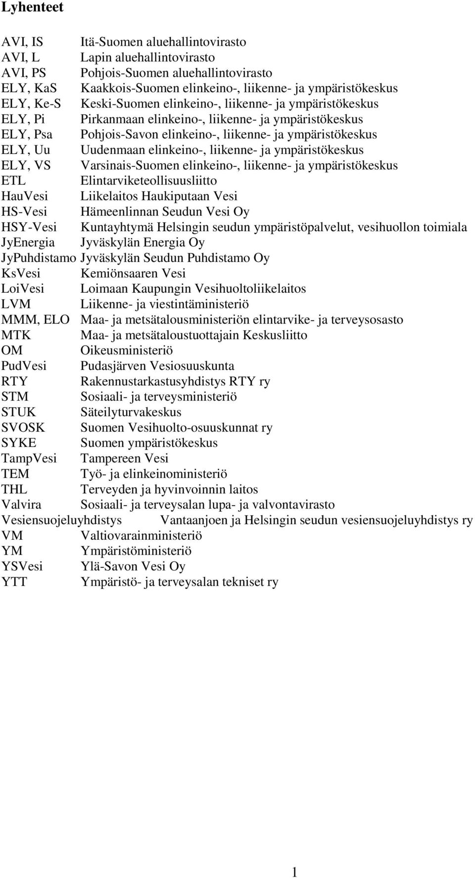 Uudenmaan elinkeino-, liikenne- ja ympäristökeskus ELY, VS Varsinais-Suomen elinkeino-, liikenne- ja ympäristökeskus ETL Elintarviketeollisuusliitto HauVesi Liikelaitos Haukiputaan Vesi HS-Vesi