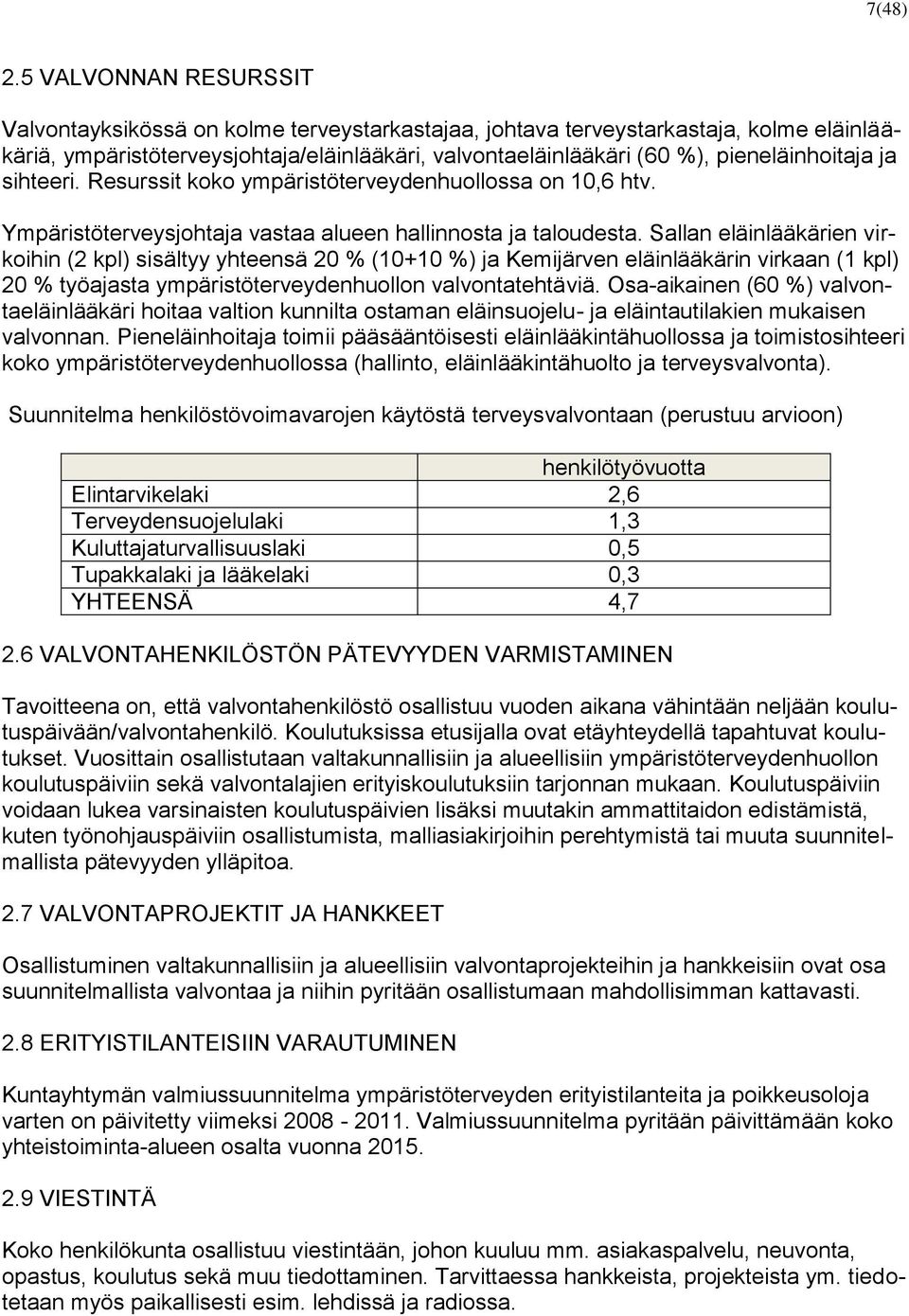 pieneläinhoitaja ja sihteeri. Resurssit koko ympäristöterveydenhuollossa on 10,6 htv. Ympäristöterveysjohtaja vastaa alueen hallinnosta ja taloudesta.