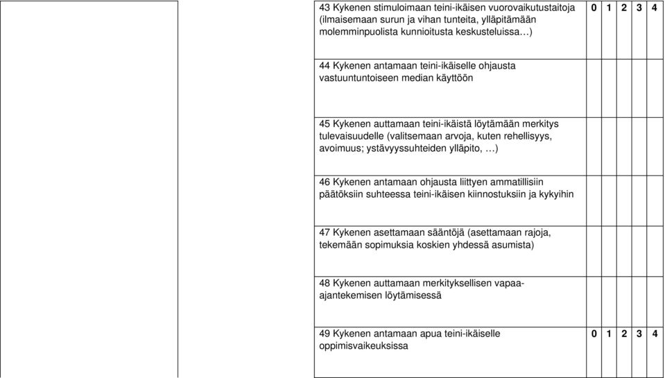 ystävyyssuhteiden ylläpito, ) 46 Kykenen antamaan ohjausta liittyen ammatillisiin päätöksiin suhteessa teini ikäisen kiinnostuksiin ja kykyihin 47 Kykenen asettamaan sääntöjä (asettamaan