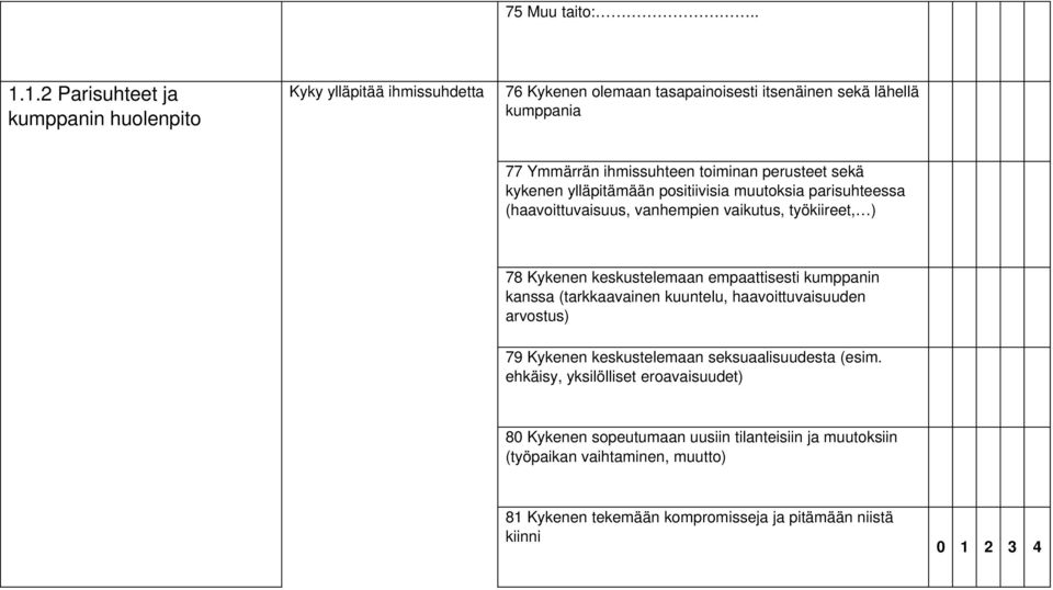 toiminan perusteet sekä kykenen ylläpitämään positiivisia muutoksia parisuhteessa (haavoittuvaisuus, vanhempien vaikutus, työkiireet, ) 78 Kykenen keskustelemaan