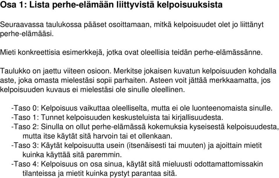 Merkitse jokaisen kuvatun kelpoisuuden kohdalla aste, joka omasta mielestäsi sopii parhaiten. Asteen voit jättää merkkaamatta, jos kelpoisuuden kuvaus ei mielestäsi ole sinulle oleellinen.