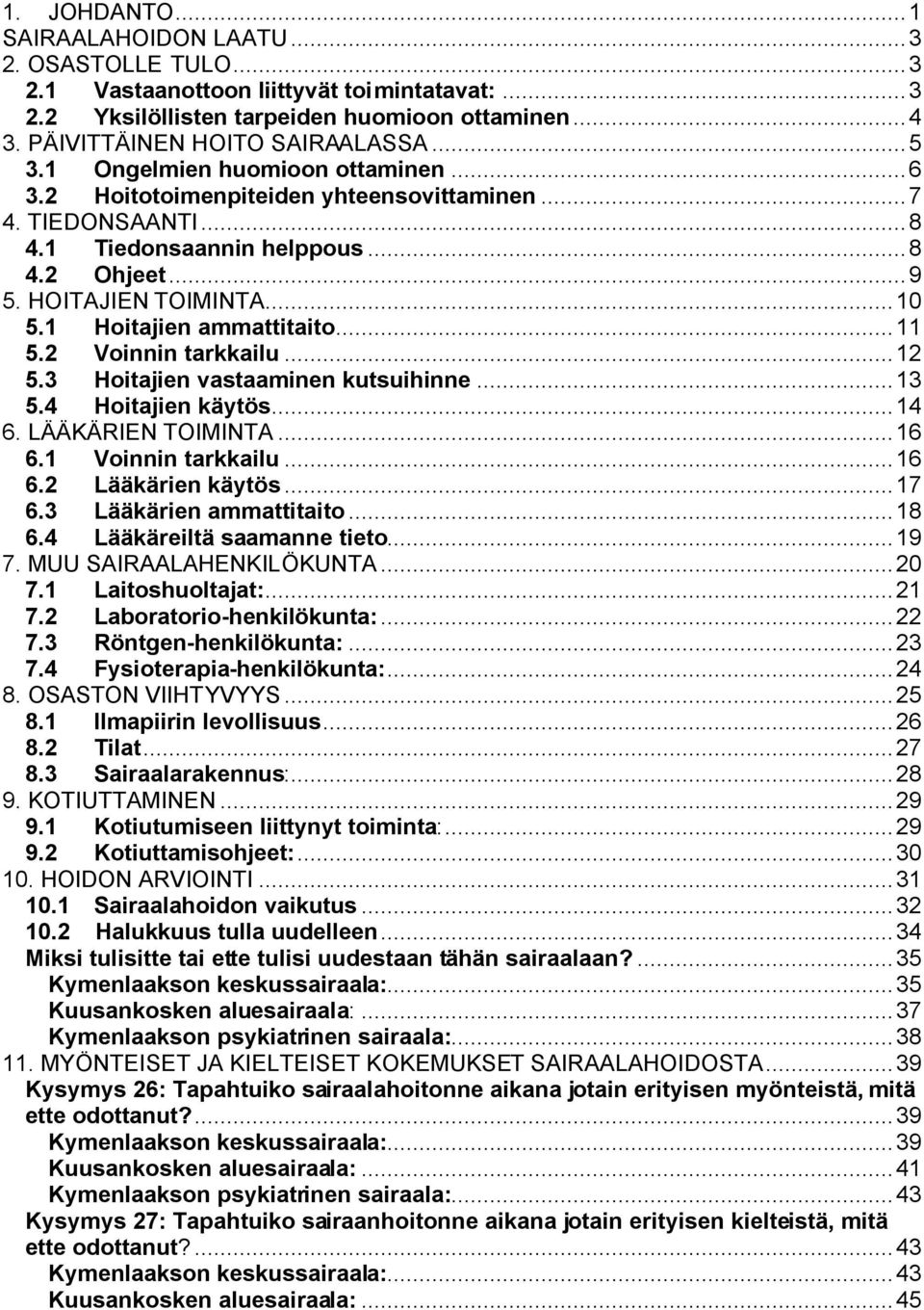 ..2 5.3 Hoitajien vastaaminen kutsuihinne...3 5.4 Hoitajien käytös...4 6. LÄÄKÄRIEN TOIMINTA...6 6. Voinnin tarkkailu...6 6.2 Lääkärien käytös...7 6.3 Lääkärien ammattitaito...8 6.