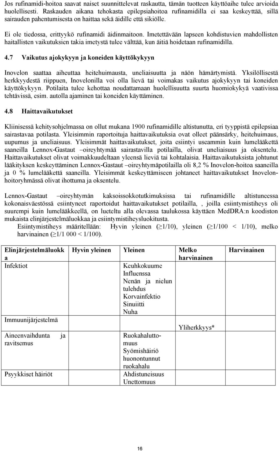 Imetettävään lapseen kohdistuvien mahdollisten haitallisten vaikutuksien takia imetystä tulee välttää, kun äitiä hoidetaan rufinamidilla. 4.