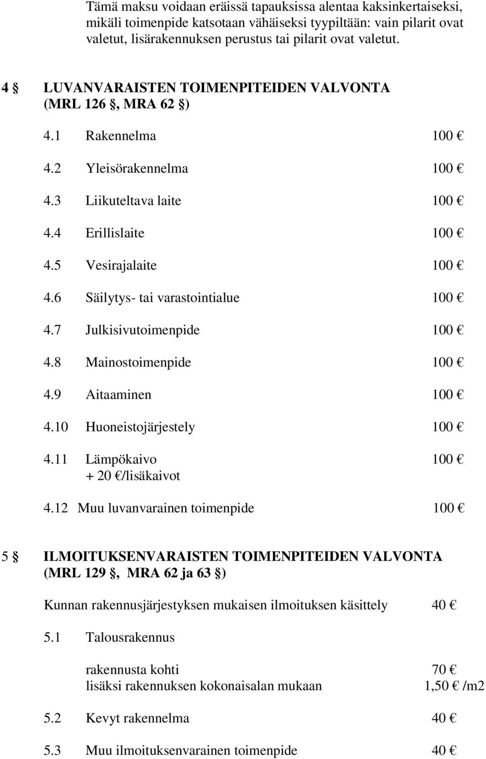 6 Säilytys- tai varastointialue 100 4.7 Julkisivutoimenpide 100 4.8 Mainostoimenpide 100 4.9 Aitaaminen 100 4.10 Huoneistojärjestely 100 4.11 Lämpökaivo 100 + 20 /lisäkaivot 4.