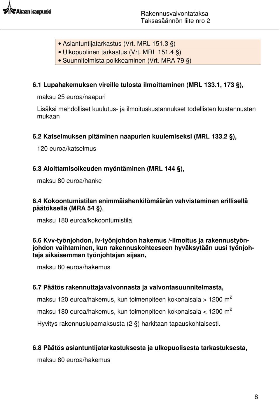 2 ), 120 euroa/katselmus 6.3 Aloittamisoikeuden myöntäminen (MRL 144 ), maksu 80 euroa/hanke 6.