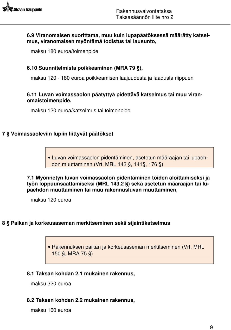 11 Luvan voimassaolon päätyttyä pidettävä katselmus tai muu viranomaistoimenpide, maksu 120 euroa/katselmus tai toimenpide 7 Voimassaoleviin lupiin liittyvät päätökset Luvan voimassaolon