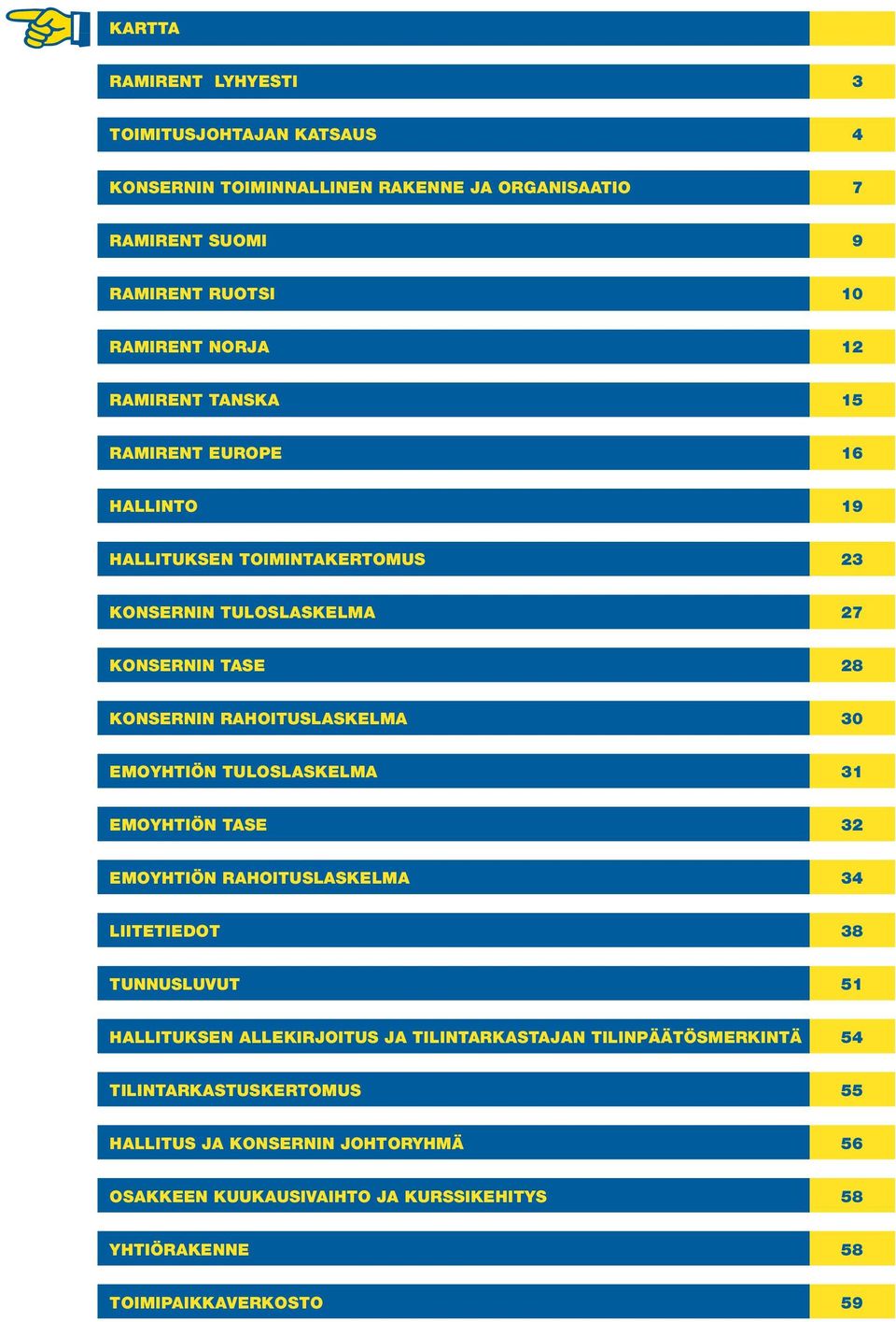 EMOYHTIÖN TULOSLASKELMA 31 EMOYHTIÖN TASE 32 EMOYHTIÖN RAHOITUSLASKELMA 34 LIITETIEDOT 38 TUNNUSLUVUT 51 HALLITUKSEN ALLEKIRJOITUS JA TILINTARKASTAJAN