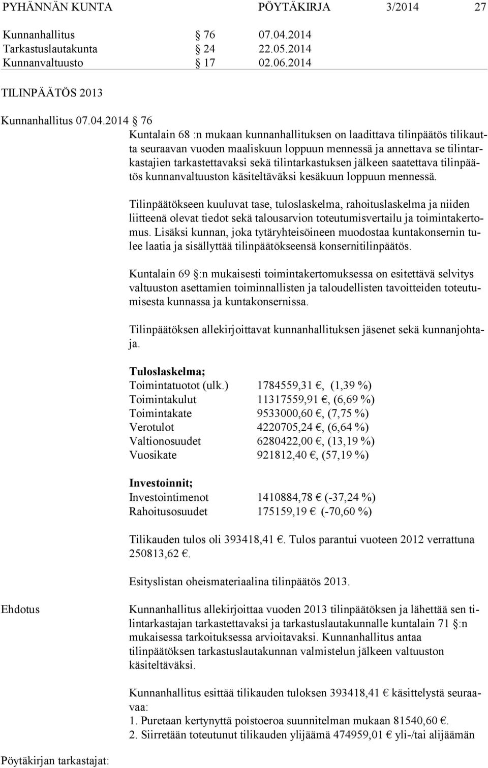 2014 76 Kuntalain 68 :n mukaan kunnanhallituksen on laadittava tilinpäätös ti li kautta seuraavan vuoden maaliskuun loppuun mennessä ja annettava se ti lin tarkas ta jien tarkastettavaksi sekä