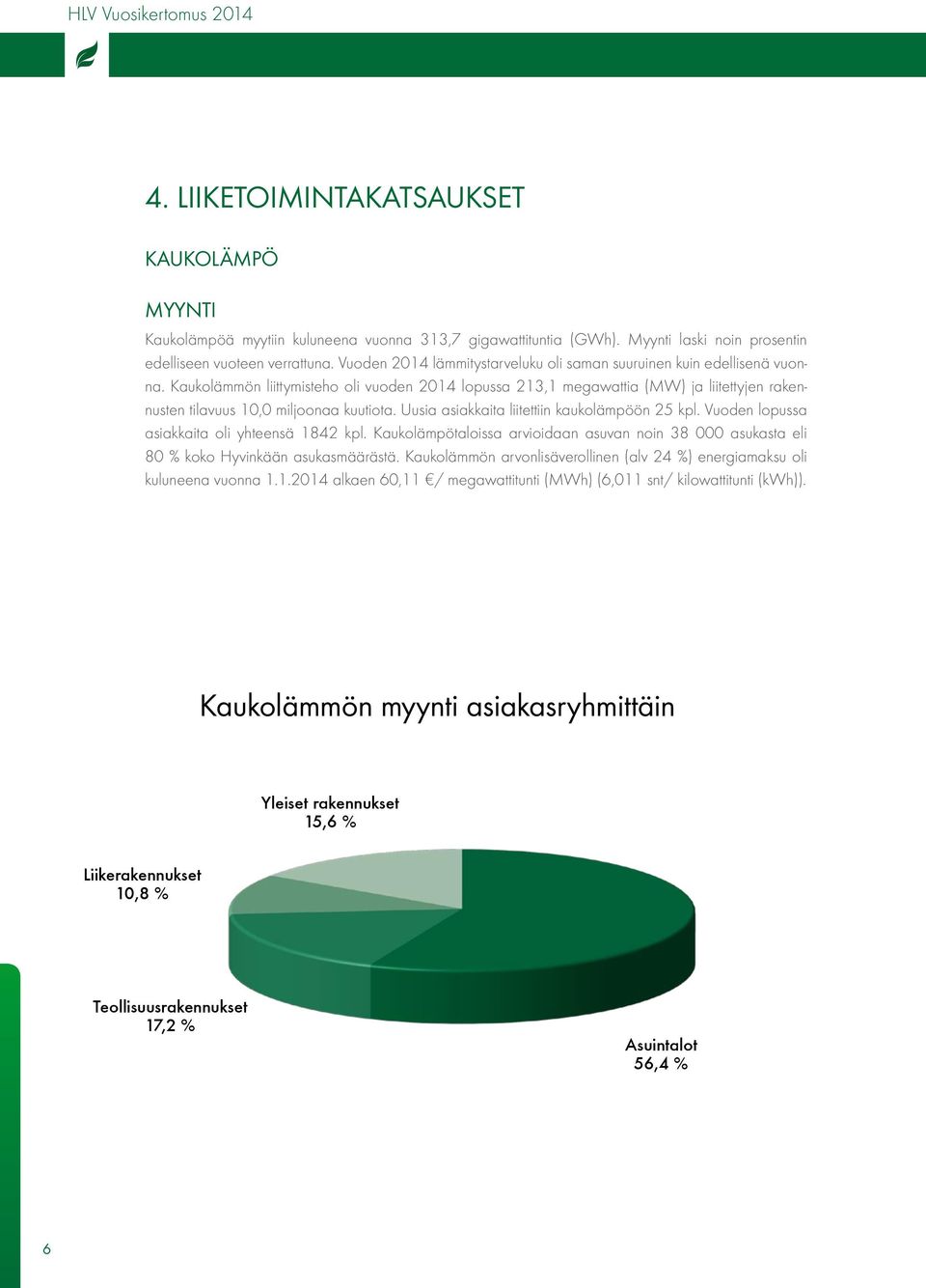 Kaukolämmön liittymisteho oli vuoden 2014 lopussa 213,1 megawattia (MW) ja liitettyjen rakennusten tilavuus 10,0 miljoonaa kuutiota. Uusia asiakkaita liitettiin kaukolämpöön 25 kpl.