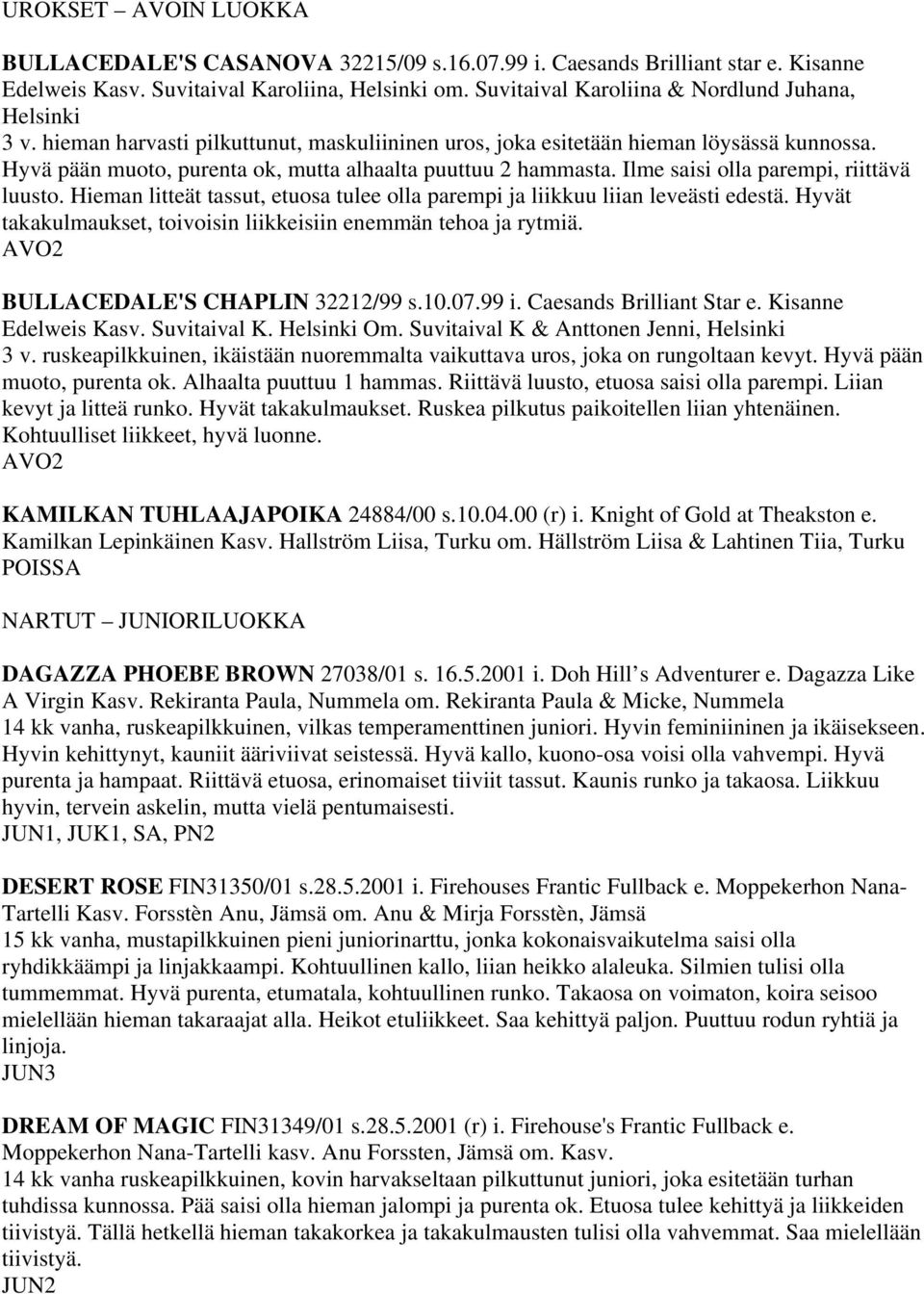 Hyvä pään muoto, purenta ok, mutta alhaalta puuttuu 2 hammasta. Ilme saisi olla parempi, riittävä luusto. Hieman litteät tassut, etuosa tulee olla parempi ja liikkuu liian leveästi edestä.