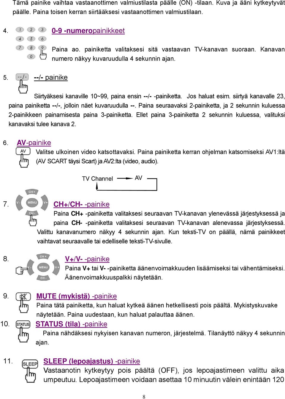 --/- painike Siirtyäksesi kanaville 10~99, paina ensin --/- -painiketta. Jos haluat esim. siirtyä kanavalle 23, paina painiketta --/-, jolloin näet kuvaruudulla --.