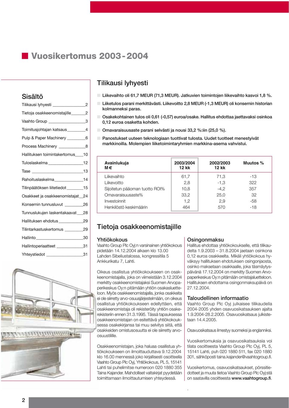 Osakekohtainen tulos oli 0,61 (-0,57) euroa/osake. Hallitus ehdottaa jaettavaksi osinkoa 0,12 euroa osaketta kohden. Omavaraisuusaste parani selvästi ja nousi 33,2 %:iin (25,0 %).