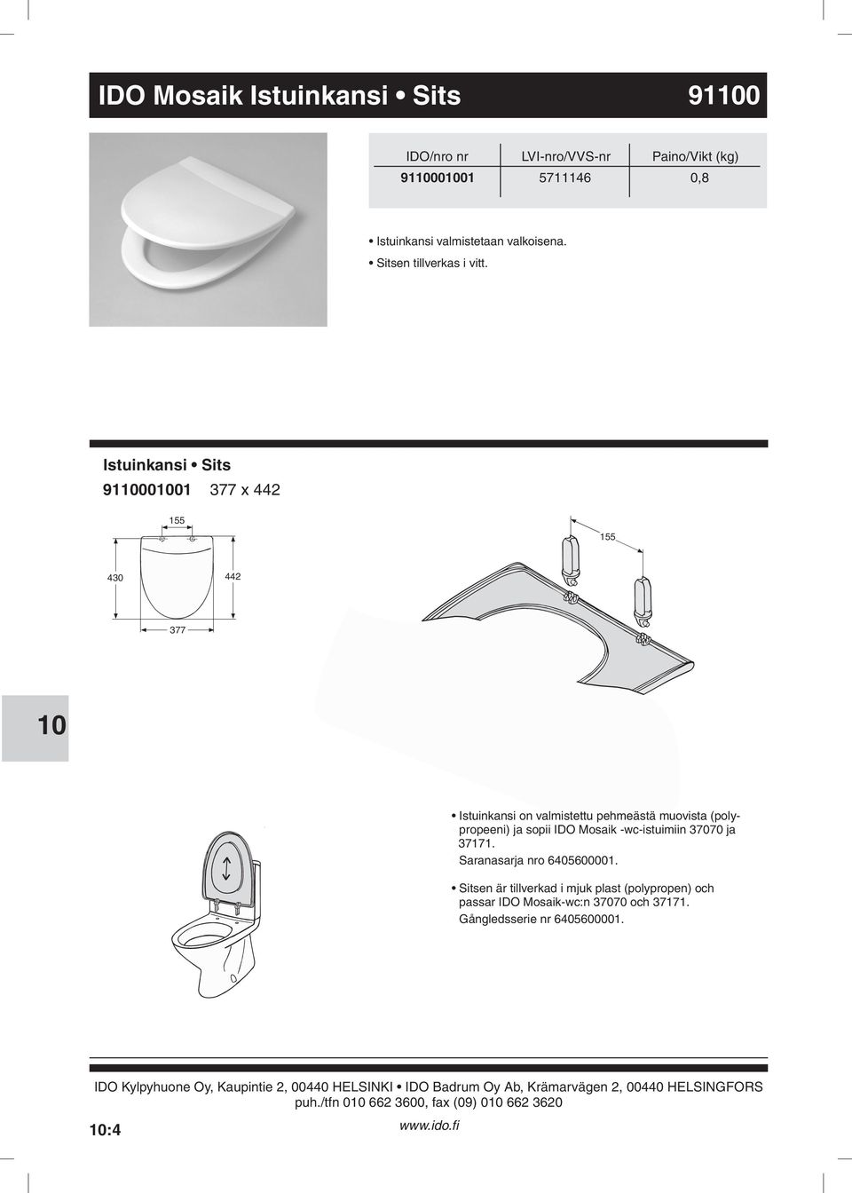 -wc-istuimiin 37070 ja 37171 Saranasarja nro 6405600001 Sitsen är tillverkad i mjuk plast (polypropen) och