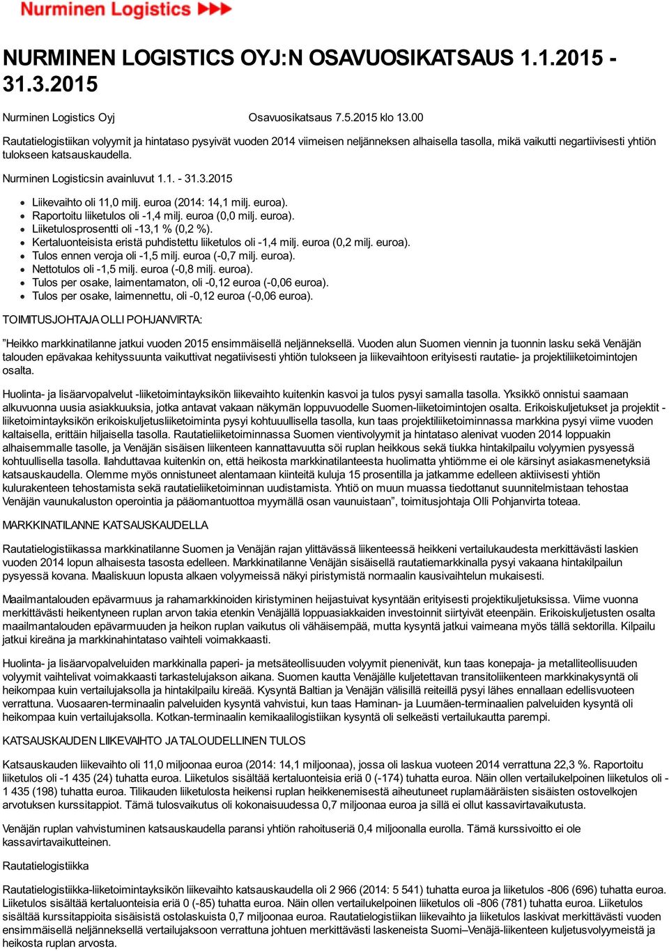 Nurminen Logisticsin avainluvut 1.1. - 31.3.2015 Liikevaihto oli 11,0 milj. euroa (2014: 14,1 milj. euroa). Raportoitu liiketulos oli -1,4 milj. euroa (0,0 milj. euroa). Liiketulosprosentti oli -13,1 % (0,2 %).