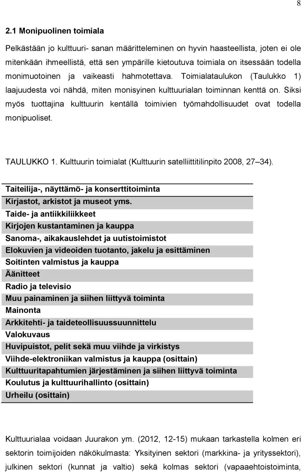 Siksi myös tuottajina kulttuurin kentällä toimivien työmahdollisuudet ovat todella monipuoliset. TAULUKKO 1. Kulttuurin toimialat (Kulttuurin satelliittitilinpito 2008, 27 34).