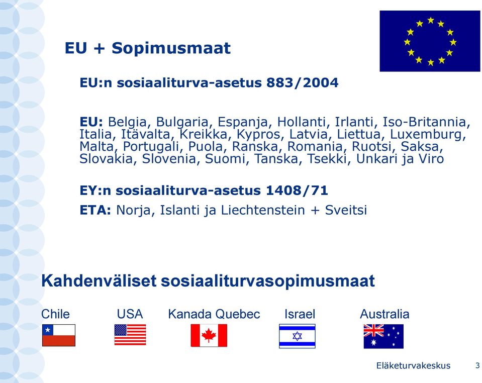 Romania, Ruotsi, Saksa, Slovakia, Slovenia, Suomi, Tanska, Tsekki, Unkari ja Viro EY:n sosiaaliturva-asetus