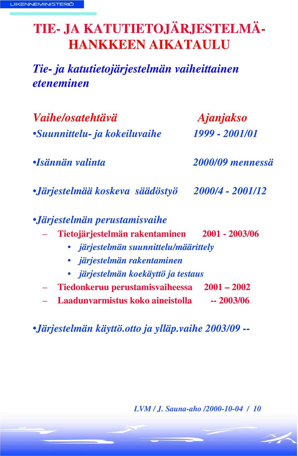 Tietojärjestelmän rakentaminen 2001-2003/06 järjestelmän suunnittelu/määrittely järjestelmän rakentaminen järjestelmän koekäyttö ja testaus