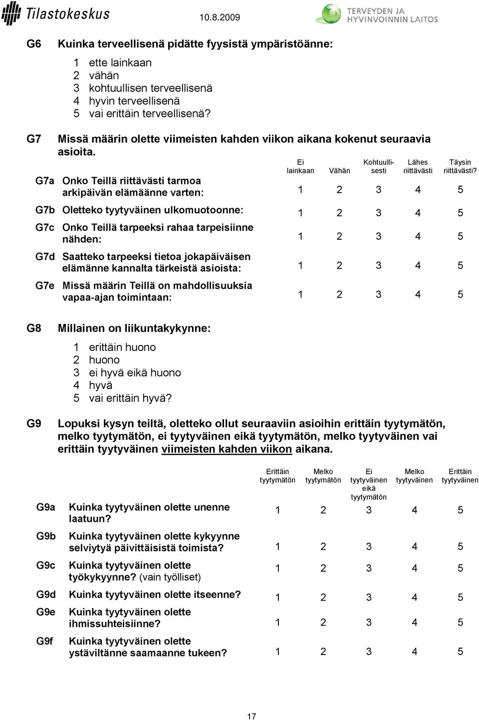G7a Onko Teillä riittävästi tarmoa arkipäivän elämäänne varten: G7b Oletteko tyytyväinen ulkomuotoonne: G7c Onko Teillä tarpeeksi rahaa tarpeisiinne nähden: G7d Saatteko tarpeeksi tietoa