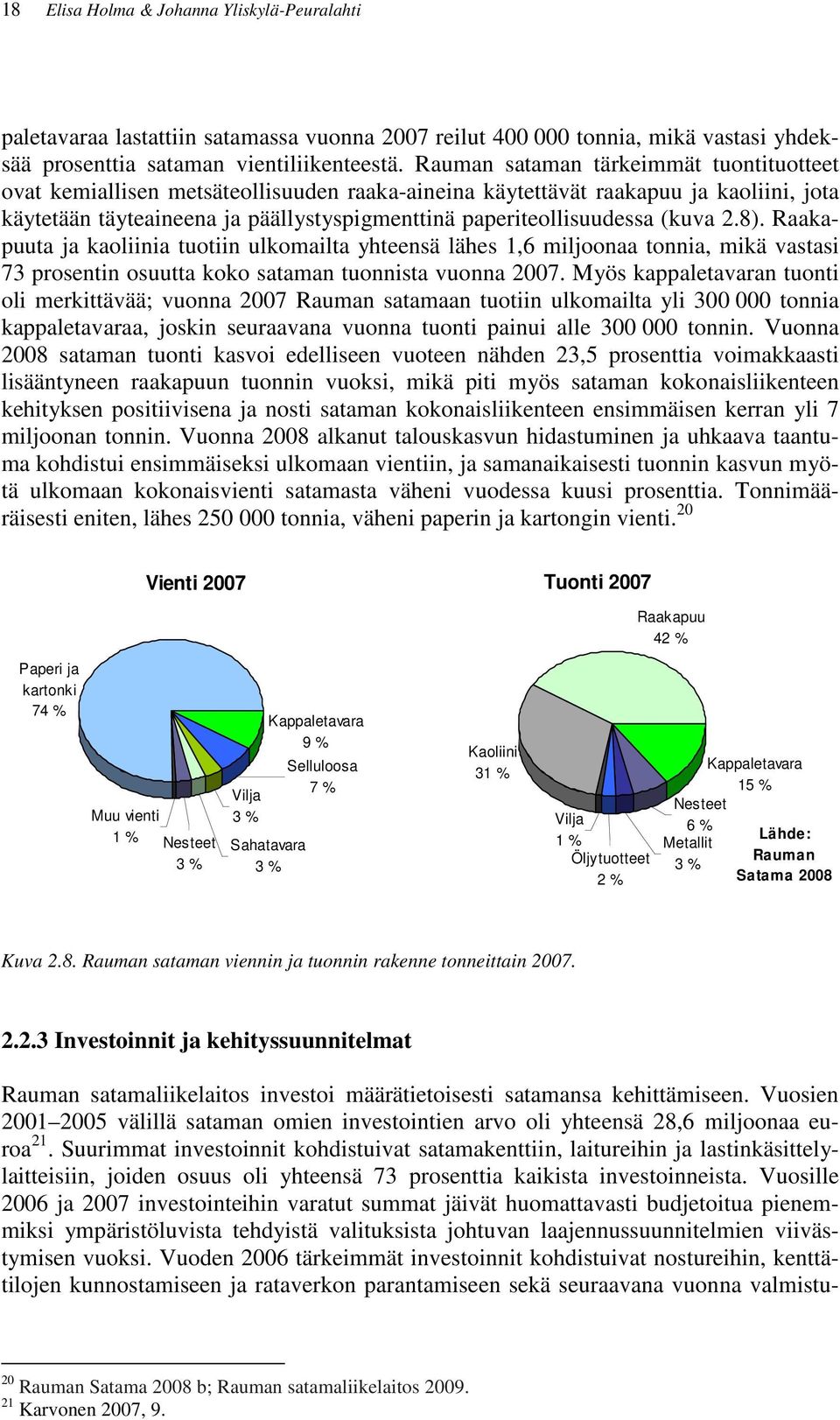 (kuva 2.8). Raakapuuta ja kaoliinia tuotiin ulkomailta yhteensä lähes 1,6 miljoonaa tonnia, mikä vastasi 73 prosentin osuutta koko sataman tuonnista vuonna 2007.