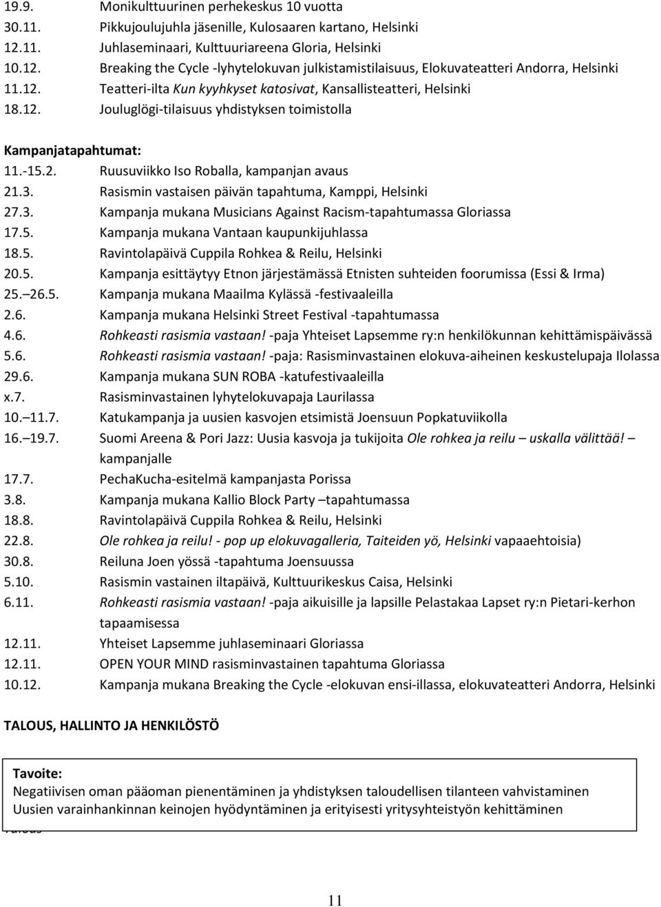 12. Jouluglögi-tilaisuus yhdistyksen toimistolla Kampanjatapahtumat: 11.-15.2. Ruusuviikko Iso Roballa, kampanjan avaus 21.3. Rasismin vastaisen päivän tapahtuma, Kamppi, Helsinki 27.3. Kampanja mukana Musicians Against Racism-tapahtumassa Gloriassa 17.