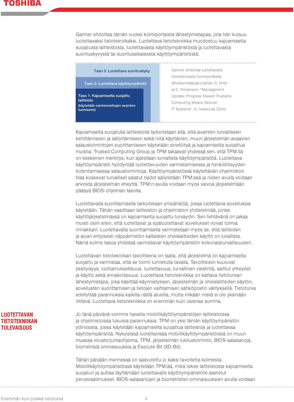 Taso 3: Luotettava suorituskyky Taso 2: Luotettava käyttöympäristö Taso 1: Kajoamiselta suojattu laitteisto (käytetään varmennettujen avainten luomiseen) Gartner ehdottaa luotettavalle