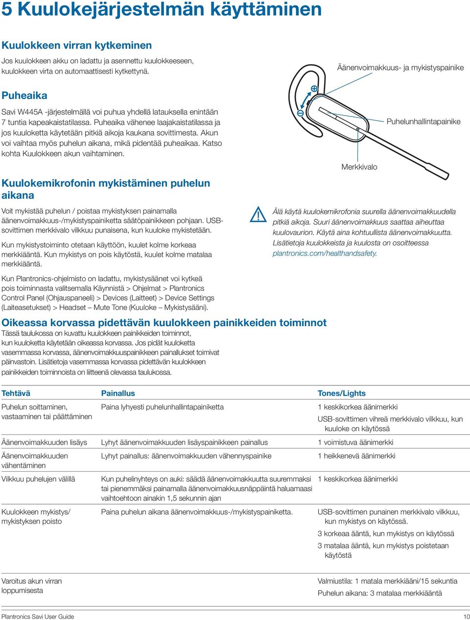 Puheaika vähenee laajakaistatilassa ja jos kuuloketta käytetään pitkiä aikoja kaukana sovittimesta. Akun voi vaihtaa myös puhelun aikana, mikä pidentää puheaikaa.