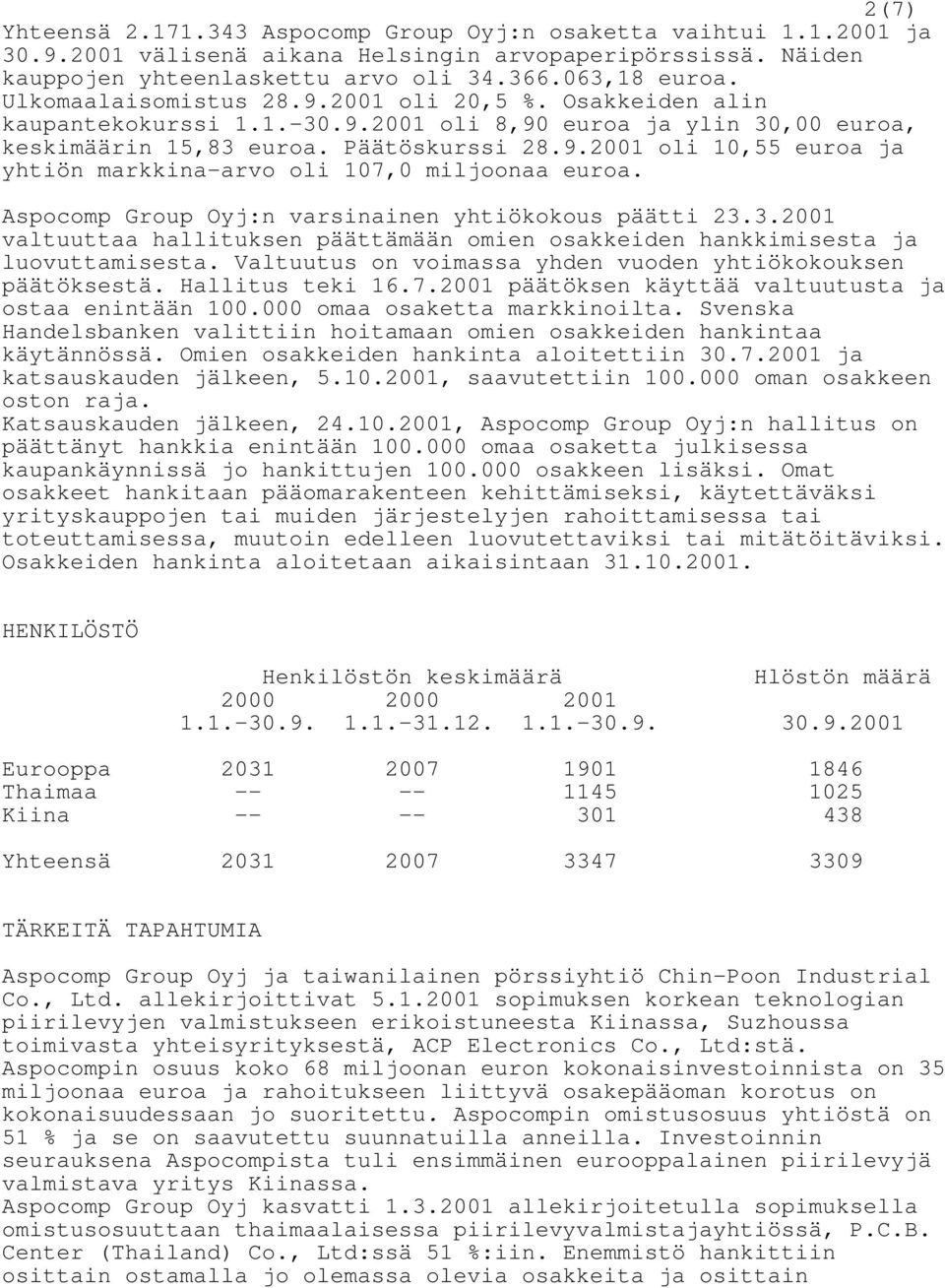 Aspocomp Group Oyj:n varsinainen yhtiökokous päätti 23.3.2001 valtuuttaa hallituksen päättämään omien osakkeiden hankkimisesta ja luovuttamisesta.